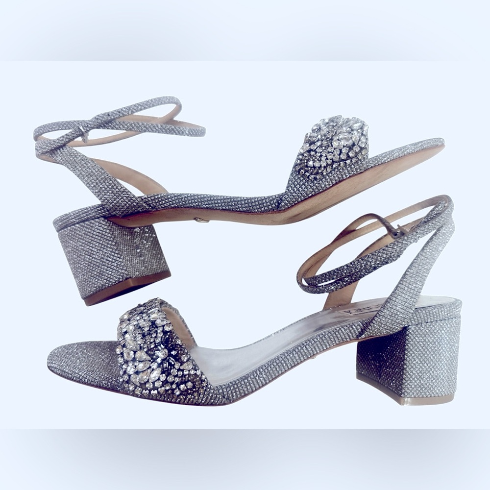 Badgley Mischka Silver Rhinestone Block Heel Sandals, Sz 9.5